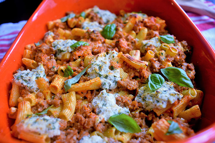 RECIPE-IDEAS-BOURBON-WHISKEY-SPIRIT-INFUSED-BRATWURST-SAUSAGE-RIGATONI-ROMESCO-RICOTTA