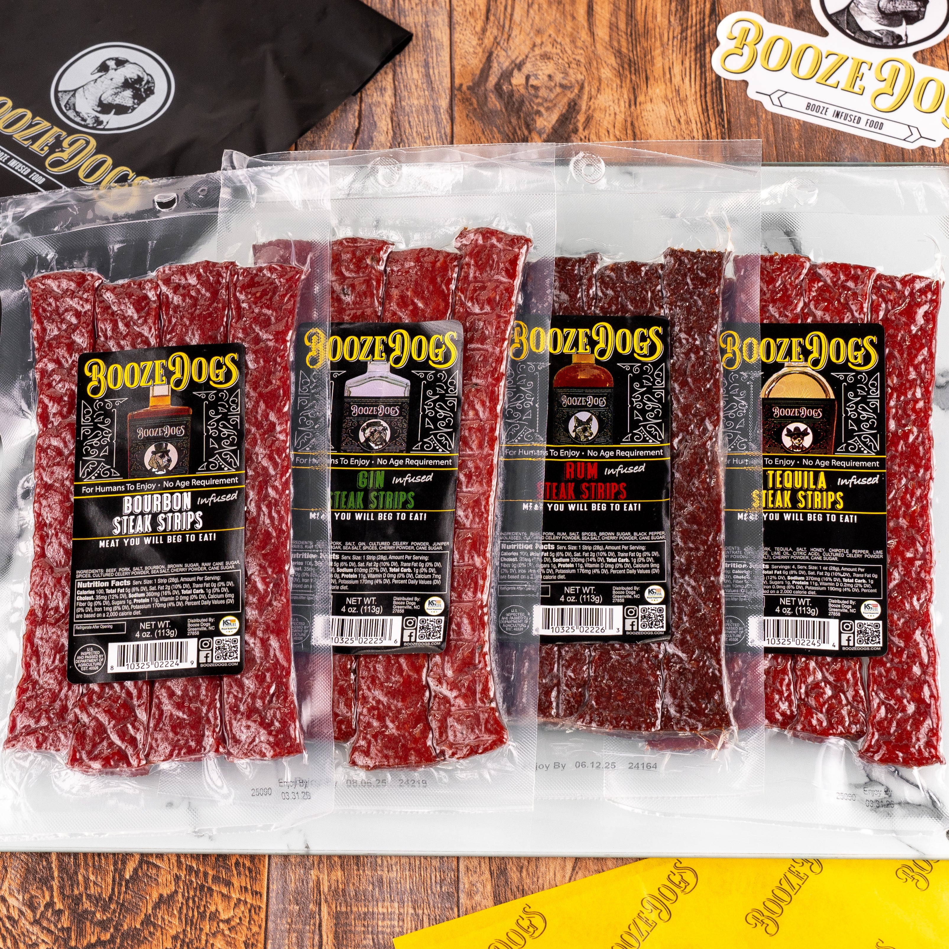 Boozy Jerky Style Steak Strip Variety 4 Packages // 16 Servings