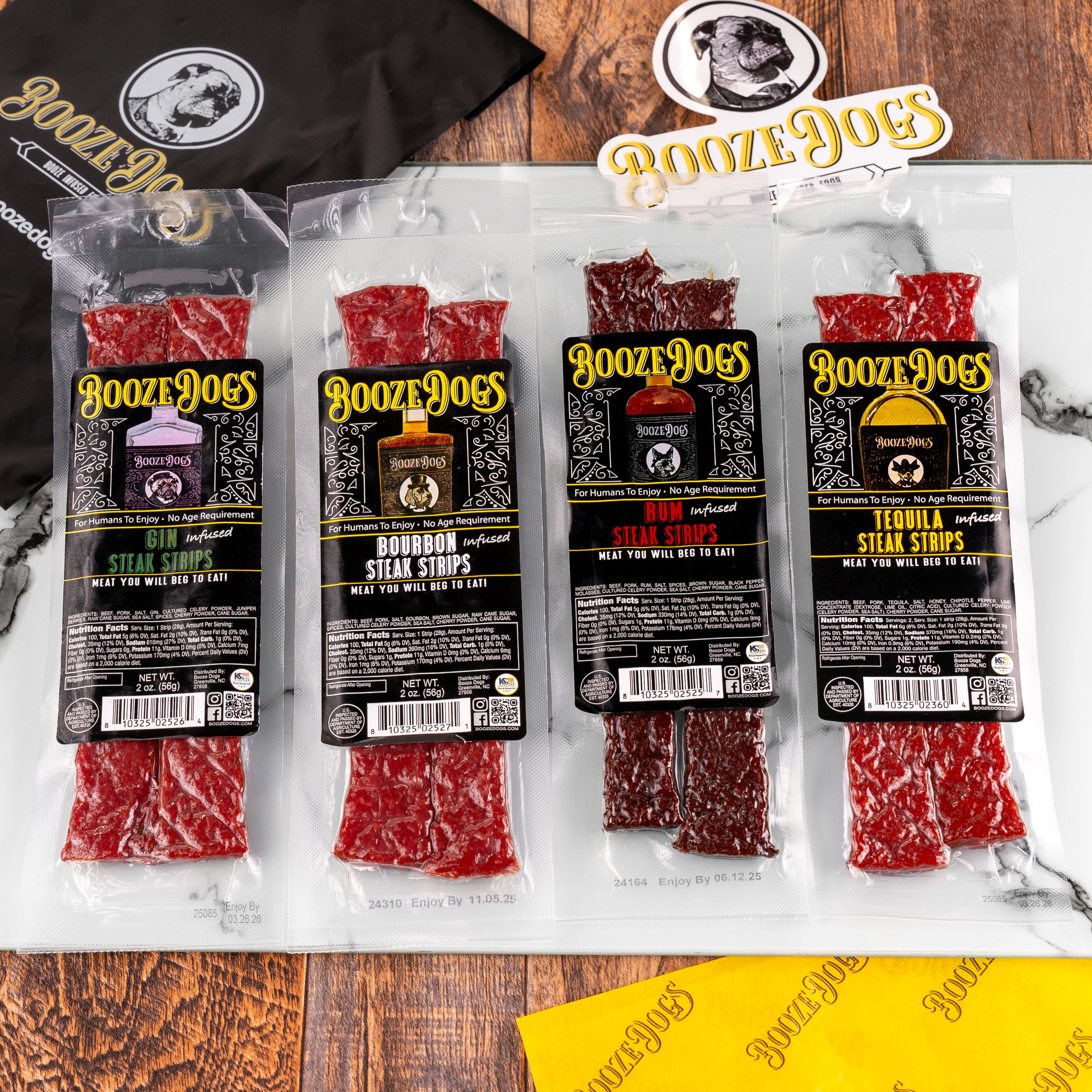 Snack Size: Boozy Jerky Style Steak Strip Variety 4 Packages // 8 Servings