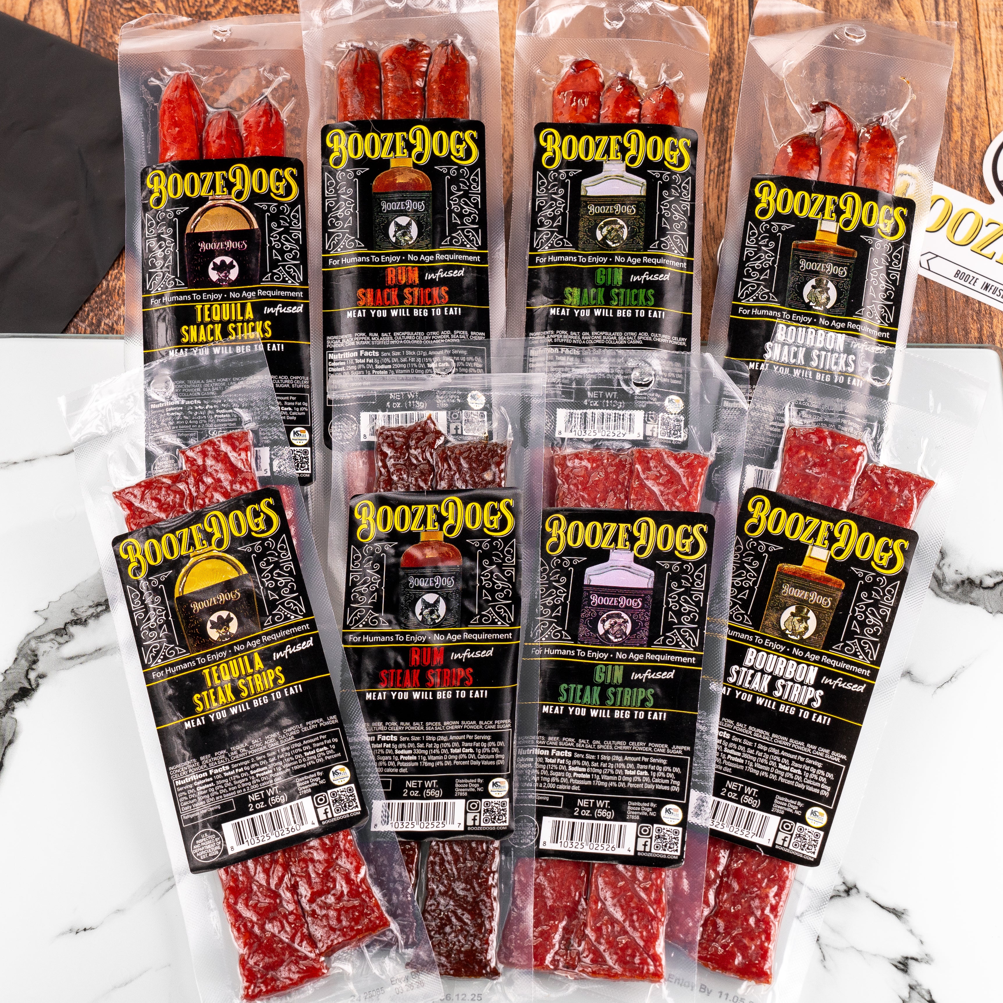 Snack Size: Boozy Jerky Style Steak Strip & Snack Stick Variety 8 Packages // 20 Servings