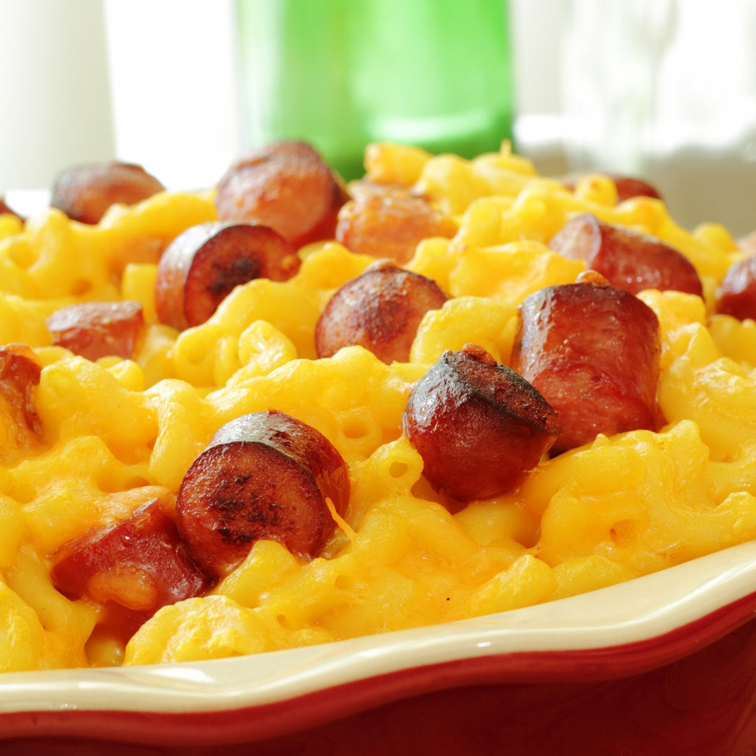 RUM INFUSED HOTDOGS IN MACCARONI AND CHEESE