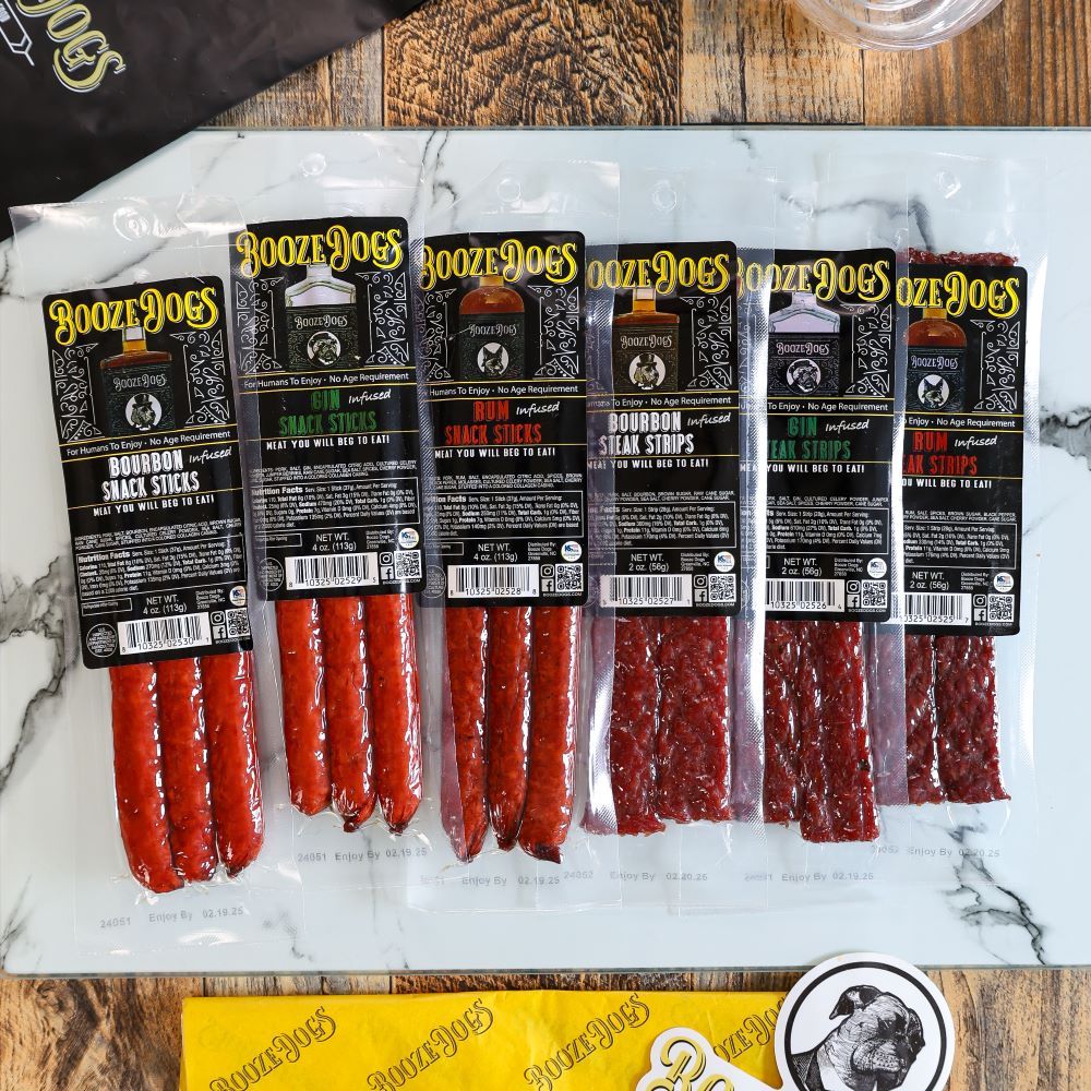 18 OZ VARIETY PACK OF BOURBON, GIN, RUM INFUSED JERKY STEAK STRIP AND SNACK STICKS