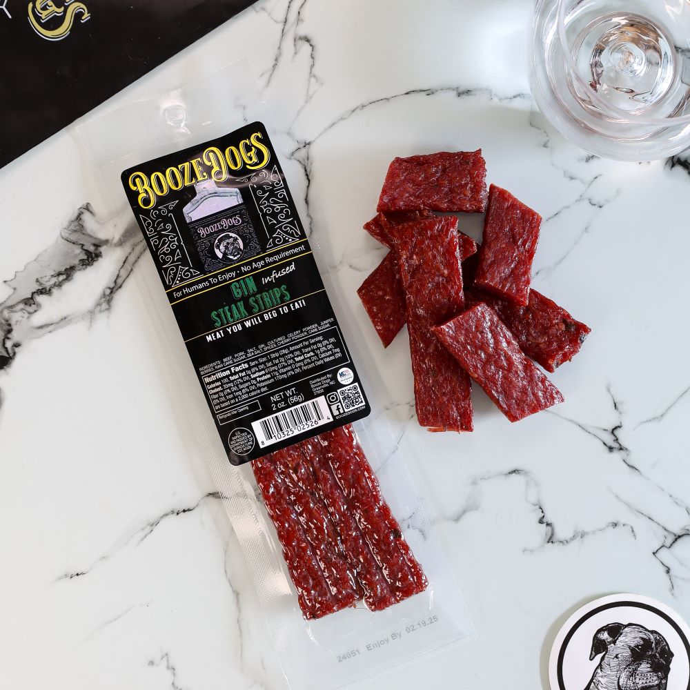 2 OZ PACK OF GIN INFUSED JERKY STYLE STEAK STRIPS WITH CUT PIECES