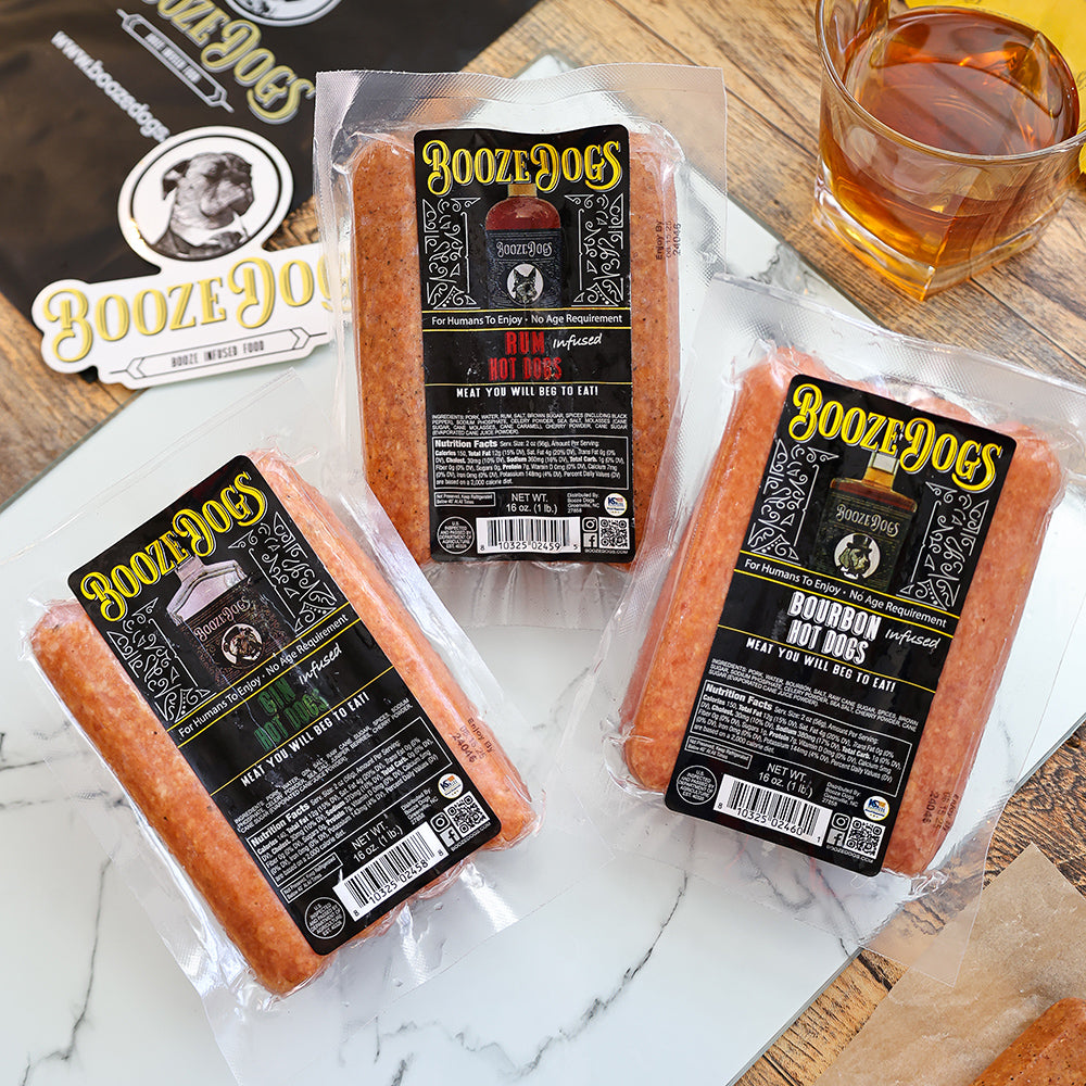 3 LB. VARIETY PACK OF BOURBON, GIN, RUM INFUSED HOT DOGS