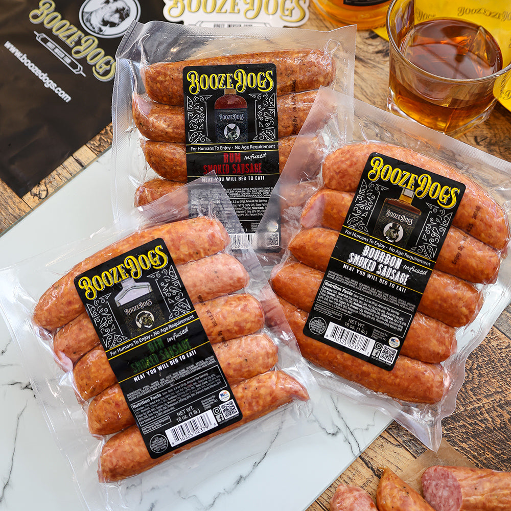 3 LB. VARIETY PACK OF BOURBON, GIN, RUM INFUSED SAUSAGE
