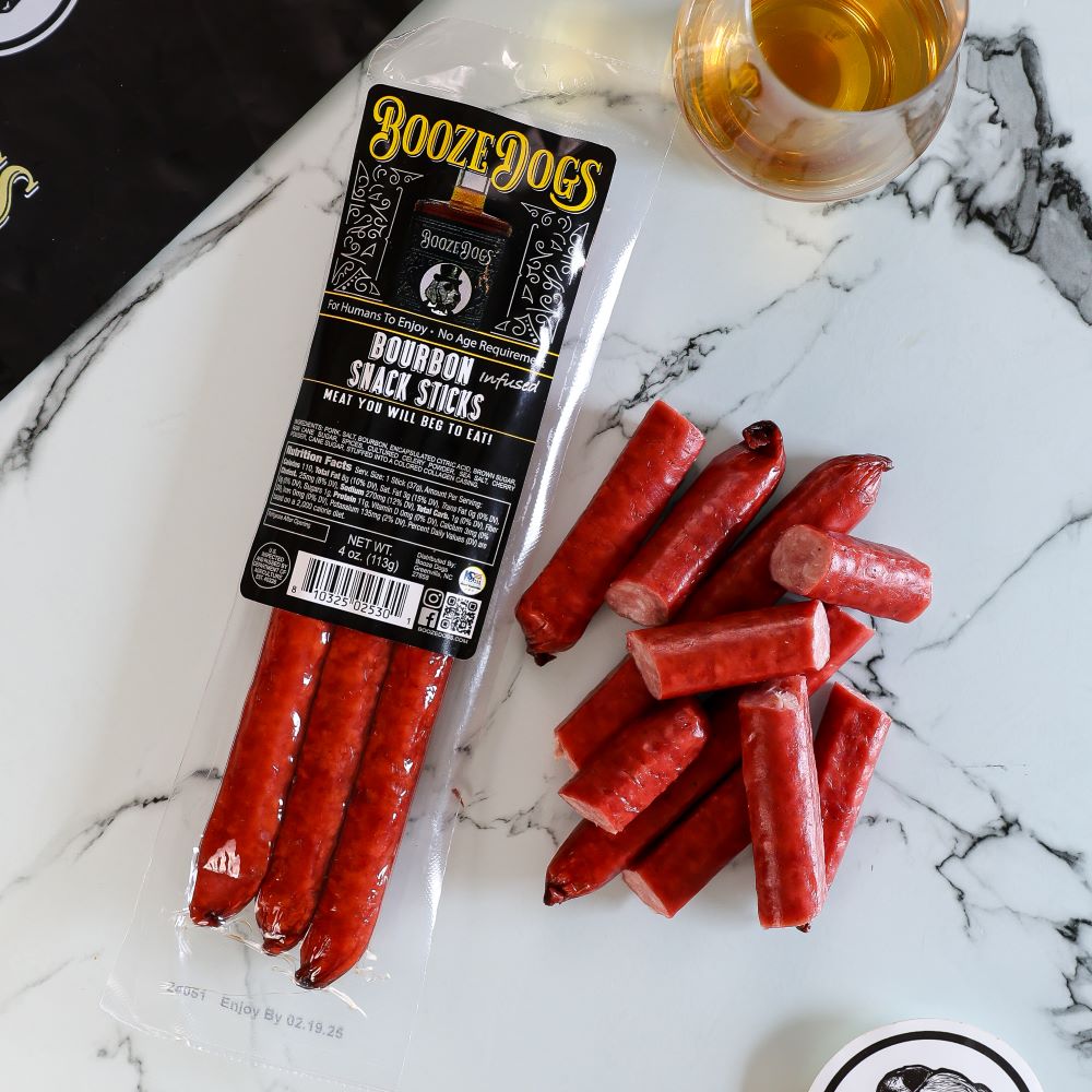 4 OZ PACK OF BOURBON INFUSED SNACK STICKS WITH CUT PIECES