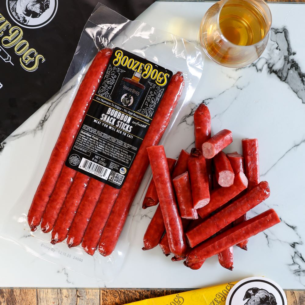8 OZ PACK OF BOURBON INFUSED SNACK STICKS WITH CUT PIECES
