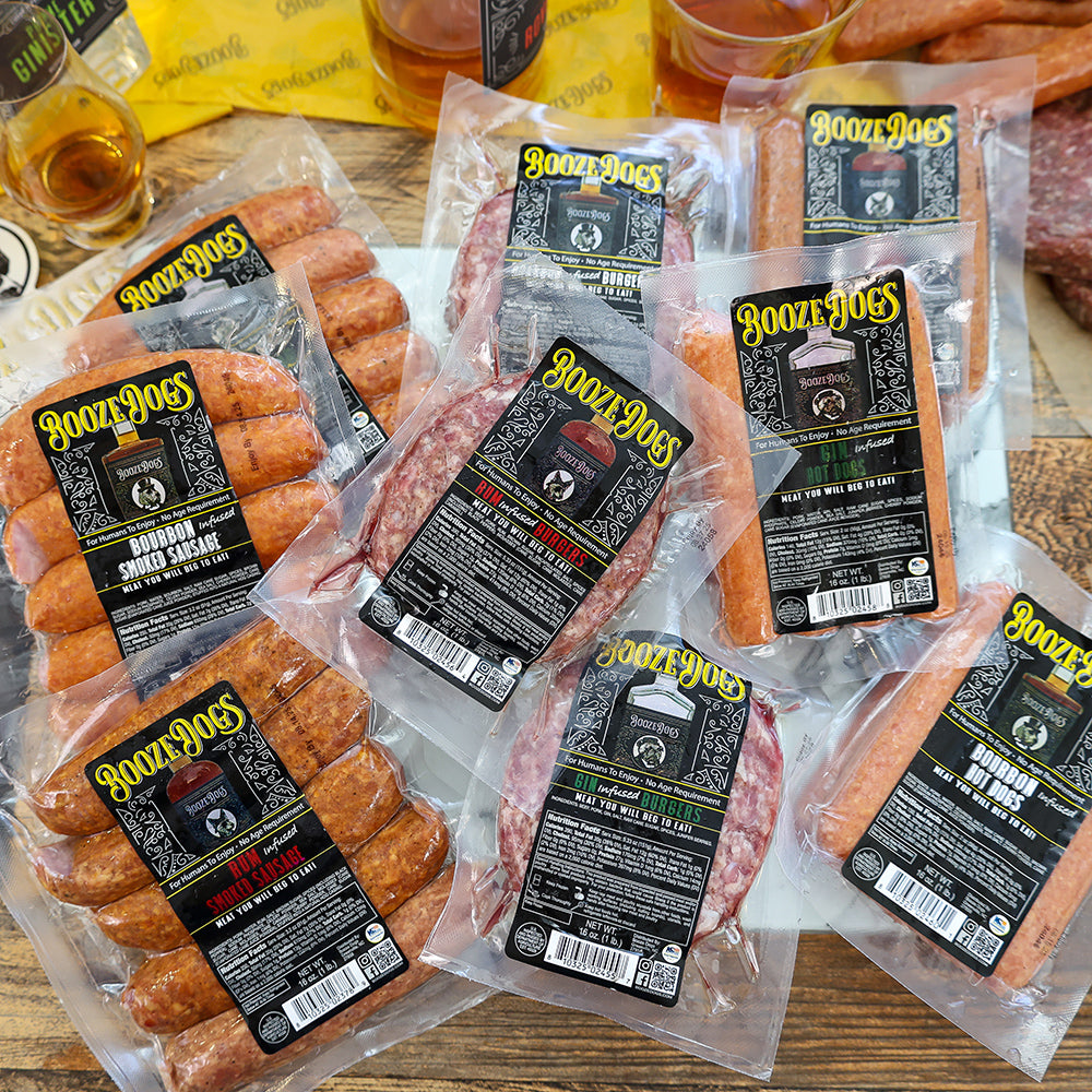 9 LB VARIETY PACK OF BOURBON, GIN, RUM INFUSED SAUSAGE, BURGERS, AND HOT DOGS