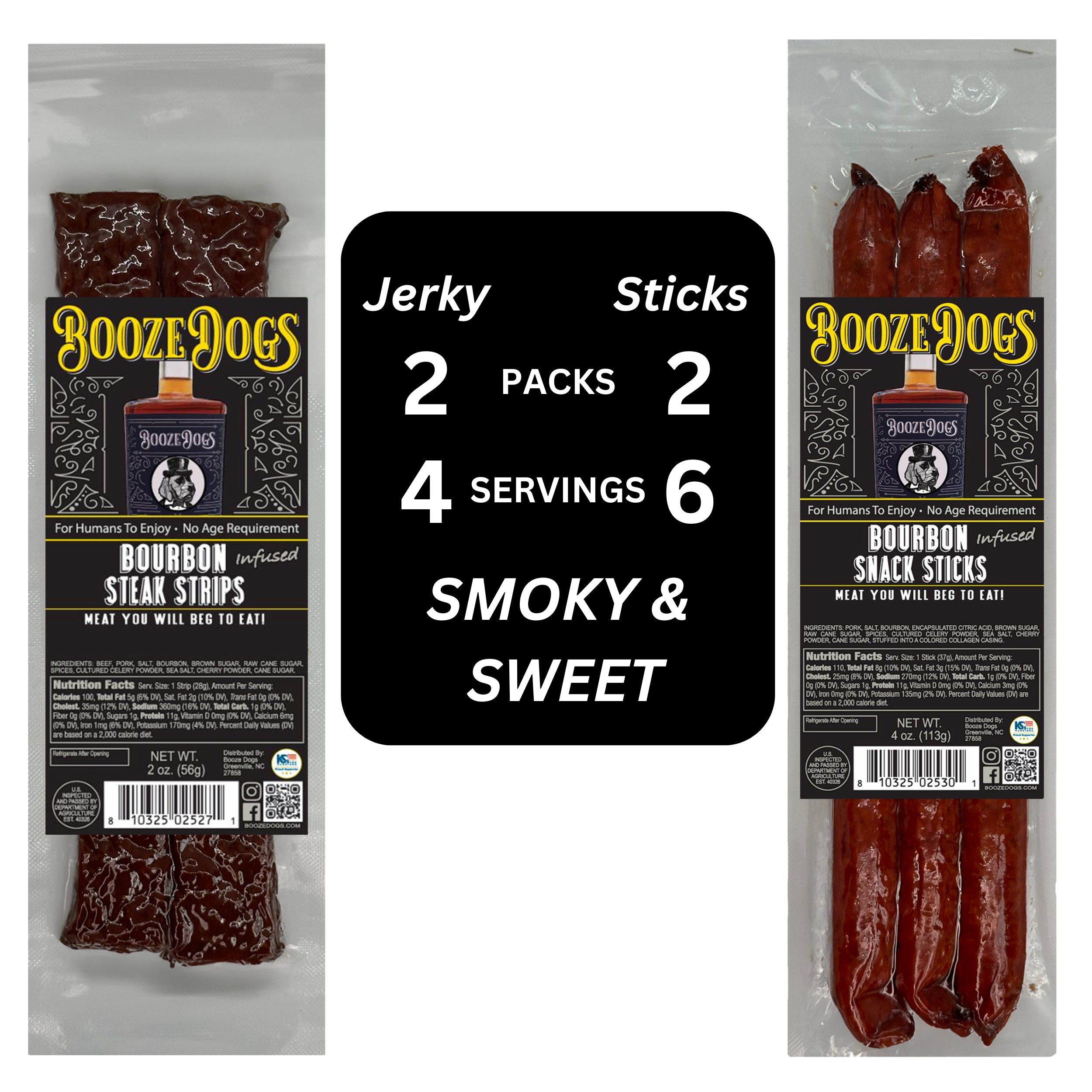 Snack Size: Bourbon Jerky Style Steak Strip & Snack Stick Combo 4 Packages // 10 Servings