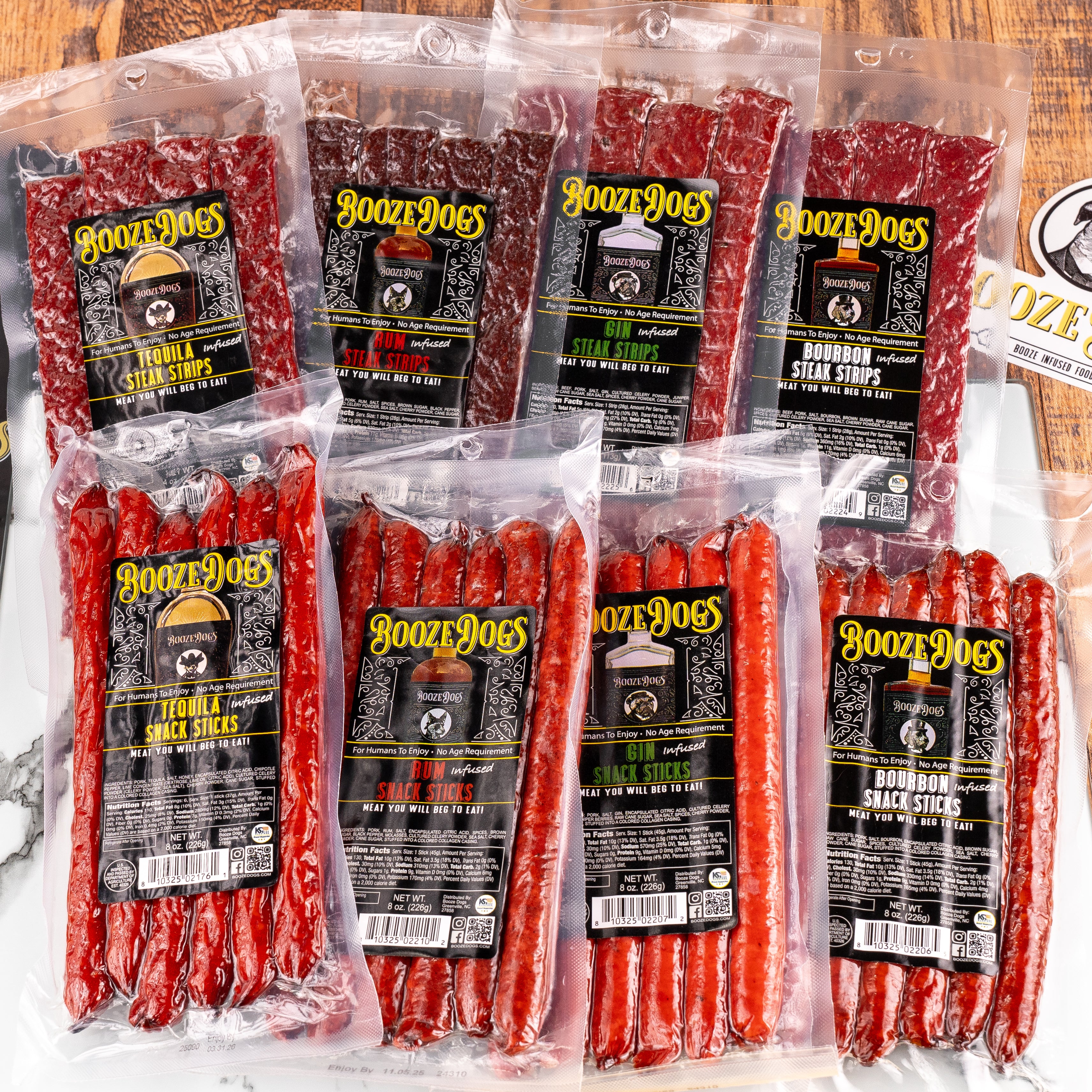 Boozy Jerky Style Steak Strip & Snack Stick Variety 8 Packages // 40 Servings