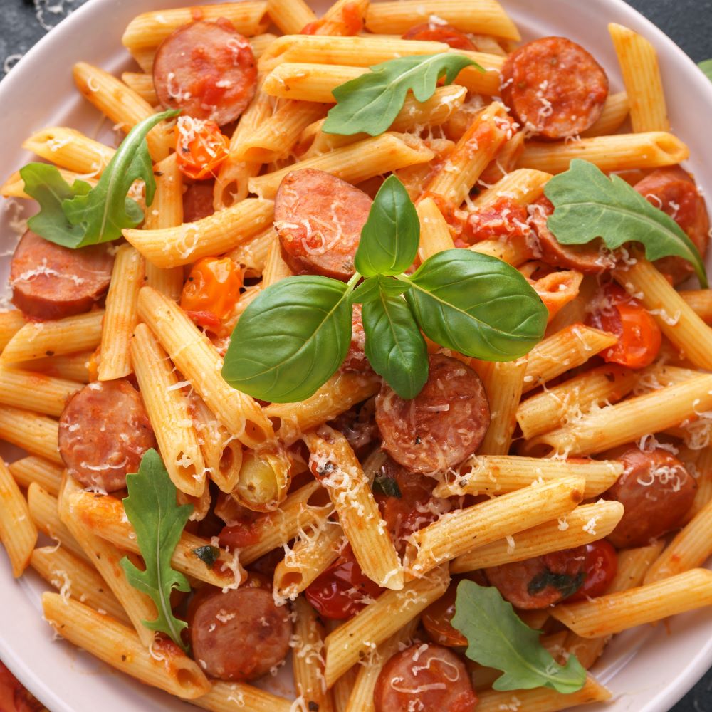 GIN INFUSED SAUSAGE MADE INTO GIN INFUSED PENNE PASTA